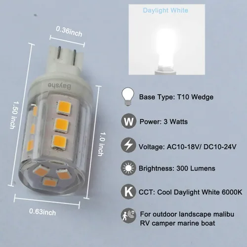 Miniatura 3 de BAYSHE Bombillas LED con base de cuña T10 de 12 V, 3 W, Malibú, camino, jardín, 921, 922, 912, 194, 168, T10, caravana, remolque, autocaravana