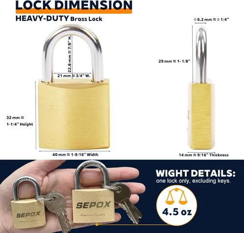 Miniatura 2 de SEPOX® 16 candados de latón macizo resistentes de 1.575 pulgadas con las mismas llaves, 24 unidades, cuerpo a prueba de intemperie de 1-9/16 16pcs