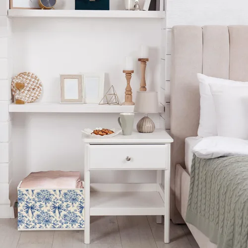 Miniatura 5 de Caja de almacenamiento de lazo floral azul y blanco con asas, cesta organizadora plegable de flores de estilo francés Toile de Jouy, caja