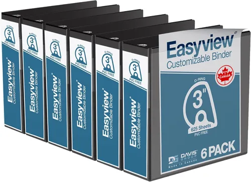 Easyview - Carpetas prémium de 3 anillas con cubiertas transparentes y anillos en D, carpetas para escuela u oficina, 3 pulgadas, paquete de 6, Negro