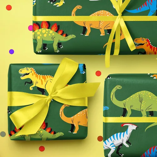 Miniatura 5 de WRAPAHOLIC - Rollo de papel de regalo de dinosaurio - Rollo mini - 17 pulgadas x 33 pies - Papel de regalo de dinosaurio verde, perfecto