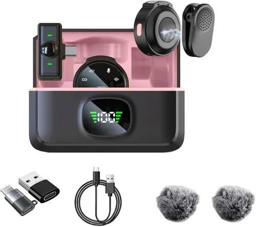 Miniatura 13 de Paquete de 2 micrófonos de solapa inalámbricos para iPhone 15, Android, USB C, iPad con adaptador incluido, mini micrófono de solapa con cancelación