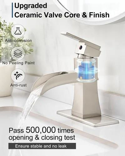 Miniatura 4 de Grifo de lavabo de baño en cascada, grifo de baño de latón cepillado con una manija, un solo orificio de 4 pulgadas o 3 agujeros con drenaje Níquel