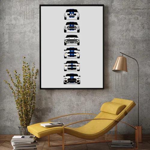 Miniatura 5 de Custom Car Posters Póster hecho a mano compatible con Shelby Mustang GT500 Generations e impresión de Ford Shelby GT500, blanco con rayas azules, 2.