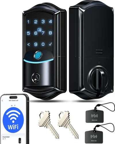 Veise VE027 - Cerradura inteligente Wi-Fi integrada, cerradura de puerta delantera sin llave de huellas dactilares, control remoto y control de voz