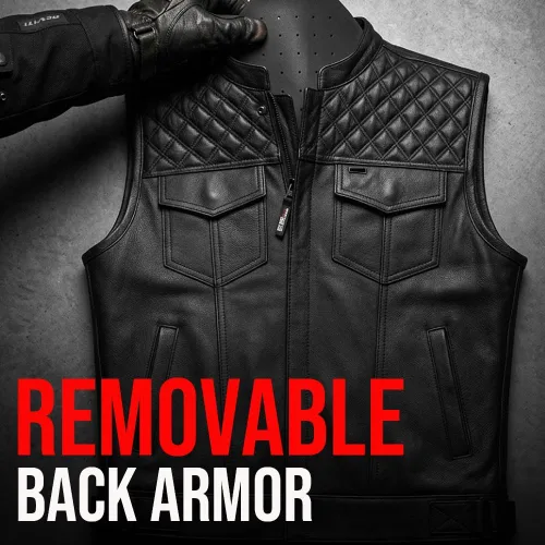 Miniatura 8 de Jackets 4 Bikes SOA Chaleco de Motocicleta para Hombre, Cuero Genuino de Búfalo, Armadura Trasera, Bolsillos Interiores, Chalecos de Club de Negro