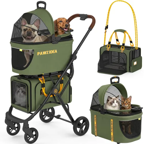Miniatura 10 de PAWZIDEA Carriola doble para mascotas con 2 portamascotas desmontables, jaula portátil para perros para viajes en automóvil y porta gatos expandible