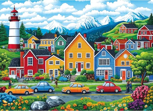 Blueforest Rompecabezas de 1000 piezas para adultos y personas mayores, rompecabezas colorido de faro de pueblo costero, rompecabezas de 27.5 x 19.7