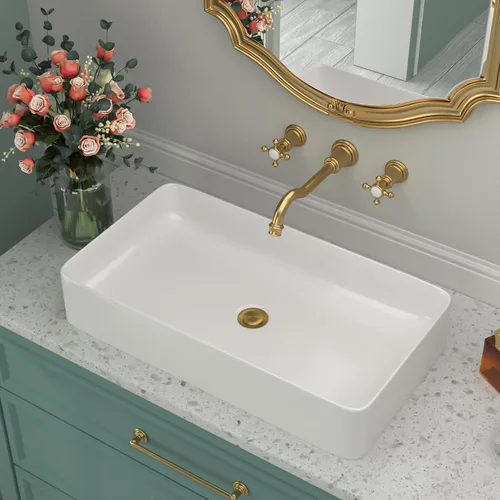 Miniatura 16 de Fregadero de baño de porcelana de cerámica rectangular de 24 x 14 pulgadas sobre mostrador, lavabo de arte blanco y negro