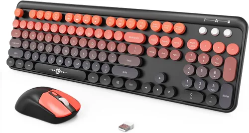Miniatura 9 de FOPETT V2020 Combo de teclado y mouse inalámbricos, bonito teclado inalámbrico con llave roja redonda estilo retro, conectividad CapSecure de 2.4