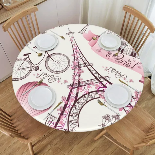 Fiokroo Mantel de torre Eiffel con borde elástico, mantel redondo para viajes románticos en París, lavable, reutilizable, para cocina, comedor,