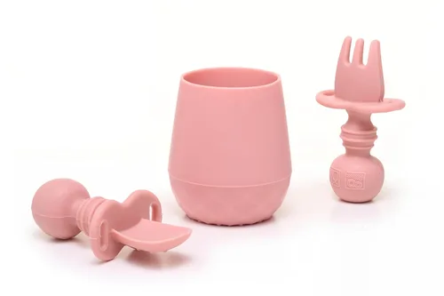 Tooshka® Juego de utensilios para bebés (3 piezas) – Cucharas autónomas y taza pequeña – Silicona y BPA – Suministros de destete para bebés (BLW) –