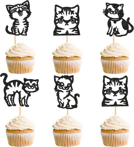 Miniatura 8 de Ercadio Paquete de 25 adornos para magdalenas de gatos, palillos para tartas de gatos negros, selecciones de cupcakes de animales, decoraciones