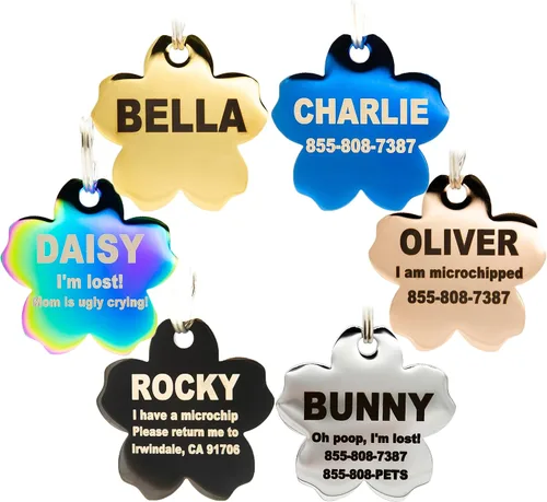 PetANtastic - Etiquetas identificatorias grabadas personalizables, en acero inoxidable, para perro o gato, identificación frontal y trasera, chapado