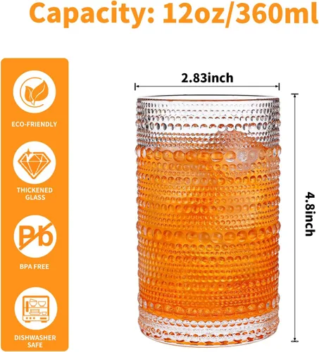 Miniatura 2 de Hobnail - Juego de 4 vasos de 12 onzas de estilo vintage, vidrio grueso y duradero, interior liso, apto para lavavajillas para agua, jugo, vino