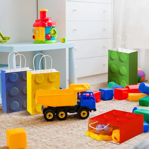 Miniatura 6 de Sabary 12 bolsas de regalo de bloques de construcción, bolsas de papel de dulces de ladrillos, bolsa de regalo con asa para bloque de construcción