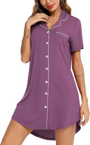 Miniatura 44 de Samring Camisón de pijama para mujer, manga corta/larga, con botones, camisón para dormir, camisón para novio, talla XXL