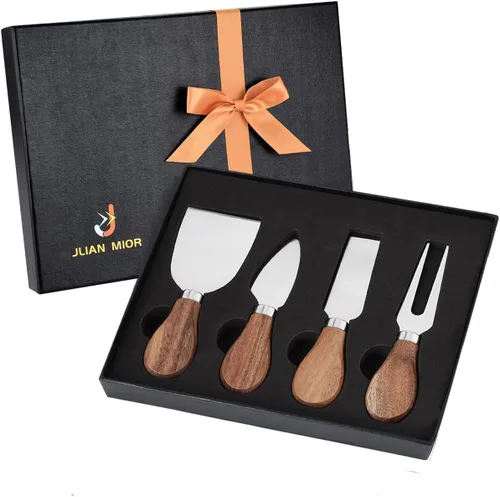 Exquisito juego de cuchillos de queso de 4 piezas, colección completa de cuchillos de queso de acero inoxidable (mango de madera de acacia), listo