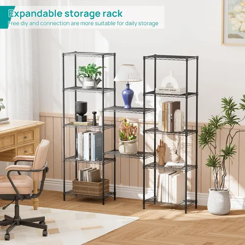 Miniatura 5 de SINGAYE Estante de almacenamiento ajustable de 6 niveles, estantería de alambre, estantes de metal, organizadores de pie para armario, baño, Negro