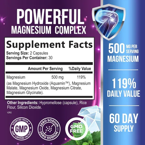 Miniatura 2 de Complejo de magnesio de 500 mg por porción – Cápsulas de polvo de magnesio de absorción máxima para músculos, nervios, huesos y corazón, complejo