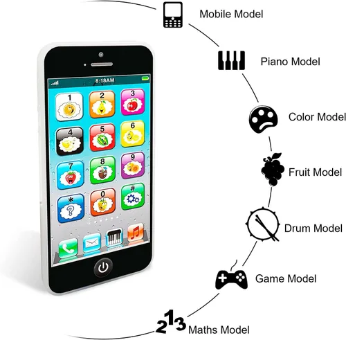 Miniatura 2 de Juguete de aprendizaje para jugar teléfono celular con 8 funciones y luces deslumbrantes, juguete interactivo para bebés, niños y niñas Negro