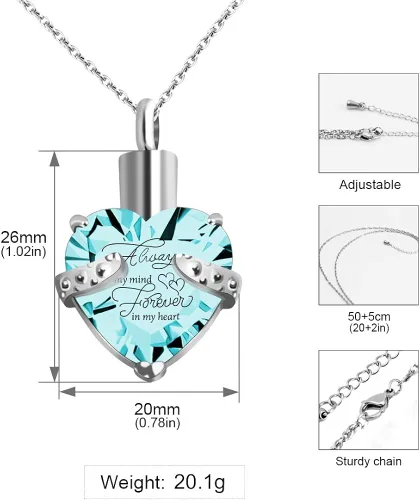 Miniatura 4 de XIUDA Collar de urna de cristal con piedra natal, colgante de recuerdo conmemorativo, soporte de ceniza, joyería de cremación para cenizas