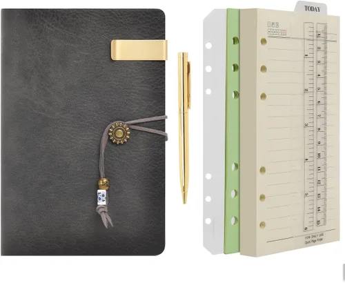 Miniatura 14 de Wonderpool - Diario de piel con papel rayado y bolígrafo, rellenable, cuaderno de espiral con 6 anillas, con libretas pautadas, cubierta vintage