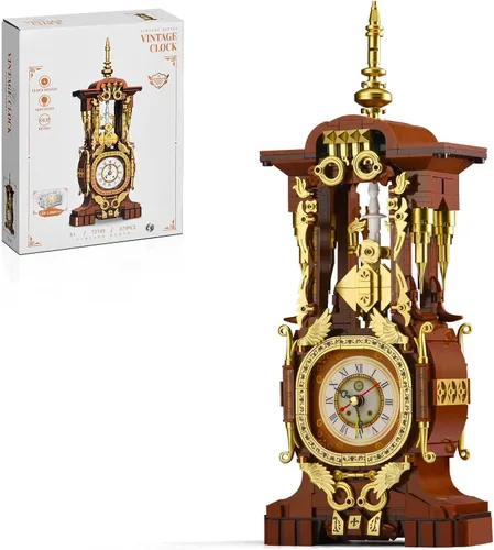 Miniatura 7 de Juego de construcción de reloj retro para adultos, modelo de reloj de péndulo vintage con engranajes giratorios, juguetes de bloques de construcción
