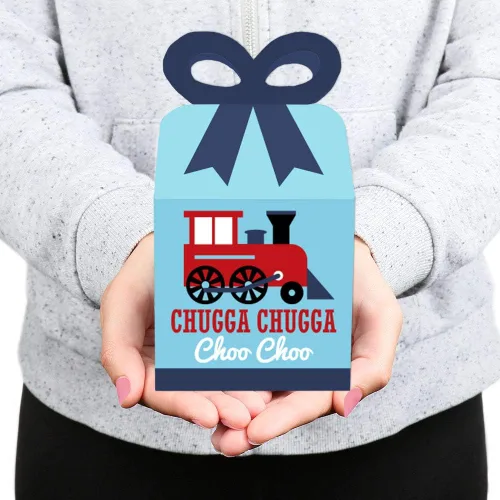 Miniatura 7 de Big Dot of Happiness Cajas de regalo cuadradas para fiestas de ferrocarril, para fiestas de cumpleaños o baby shower, juego de 12