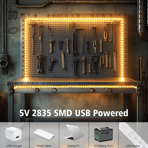 Miniatura 5 de echosari Tira de luces USB 5V, tira de luces LED de 9.8 pies con 180 luces LED cortables, cada 2835 SMD, superbrillante con autoadhesivo DIY