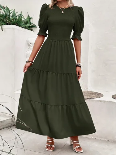 Miniatura 86 de BTFBM Vestidos para mujer, cuello redondo, casual, de verano, con volantes, manga corta, bohemio, con niveles, fruncido, largo, con estampado floral