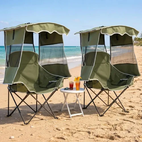 Miniatura 8 de ABORON Silla de camping con toldo, silla de playa plegable con sombra, silla portátil para exteriores con portavasos y bolsa refrigeradora