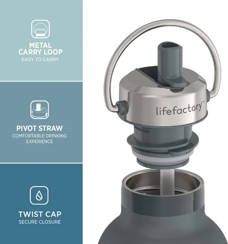 Miniatura 2 de Lifefactory Botella deportiva aislada al vacío de acero inoxidable con tapa de pajita, 24 onzas, carbono