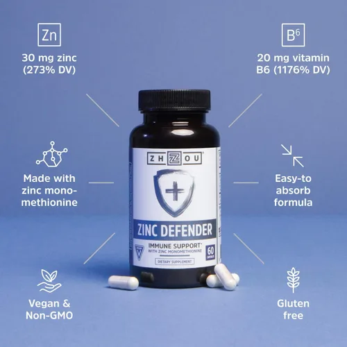 Miniatura 4 de Zhou Zinc Defender - Suplementos de zinc para hombres y mujeres, 30 mg por porción para la salud inmunológica y apoyo mineral, apoyo de vitamina B6