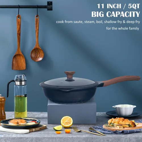 Miniatura 5 de Vinchef Sartén Antiadherente Profunda para Freír con Tapa, Sartén para Saltear de 11 pulgadas/5 cuartos de galón, Tecnología Alemana de Negro
