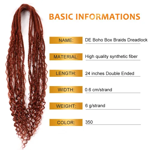 Miniatura 3 de Boho Dreads - Extensiones de rastas sintéticas de doble extremo con trenzas de caja, de 24 pulgadas, 10 hebras delgadas, suaves, color rojo y marrón