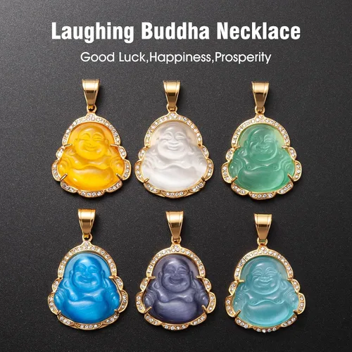 Miniatura 4 de WESTMIAJW Lucky Laughing Buda colgante cadena collares amuleto joyería para hombres, mujeres y niños, 23.6in, Piedra