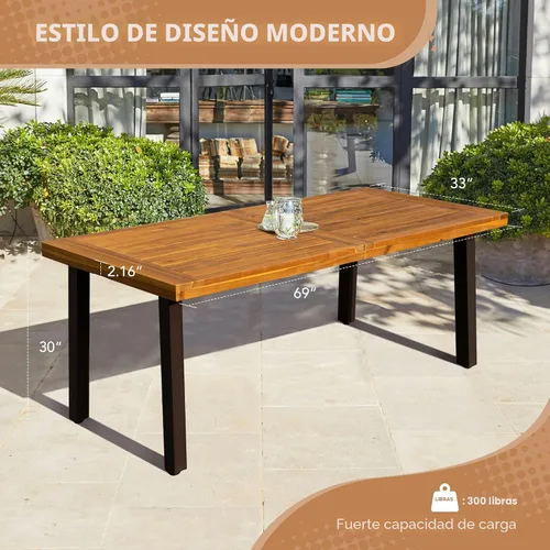 Miniatura 3 de Devoko Home Mesa de Comedor de Madera de Acacia para 6 Personas Mesa de Interior y Exterior con Patas de Hierro, Acabado Arenado, Teñido Natural