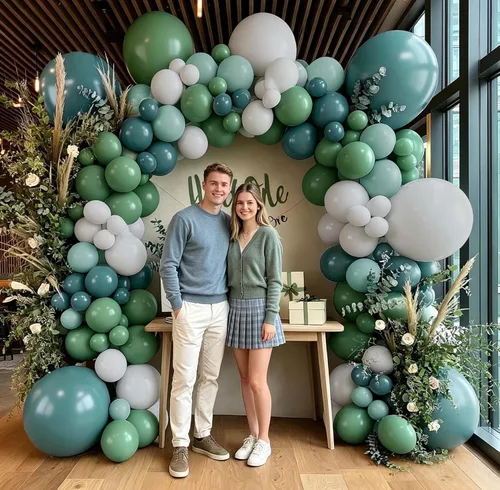 Miniatura 7 de Kit de arco de globos de color azul polvoriento, guirnalda de globos de látex de doble relleno, verde salvia, blanco mate, globos de látex para baby