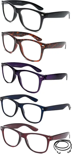 5 pares de anteojos de lectura de gran tamaño, marco grande, diseño simple, marco cómodo para hombres y mujeres, anteojos de lectura con cordón, 1.50
