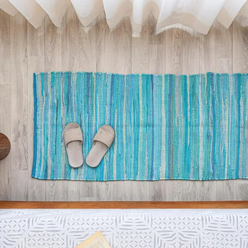 Miniatura 2 de HOMEMONDE Alfombra reversible de trapo de 2 x 6 pies, color verde azulado, de algodón suave, hecha a mano, estilo bohemio, decoración del hogar