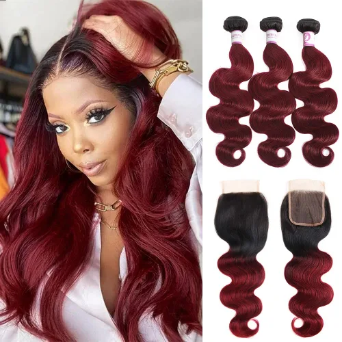 Miniatura 11 de 4 paquetes de cabello humano ondulado brasileño degradado borgoña T1B/99J, paquetes de cabello humano ondulado y húmedo para mujeres negras