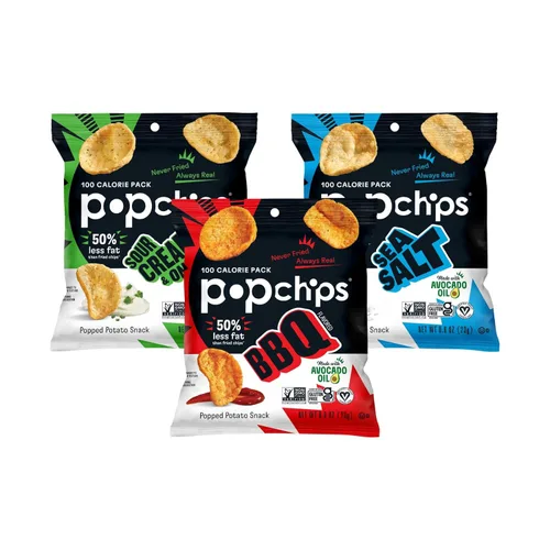 Popchips Paquete variado – Papas fritas horneadas de 0.8 onzas, bolsa de aperitivos 10 de cada uno (BBQ, sal marina, crema agria y cebolla) (30