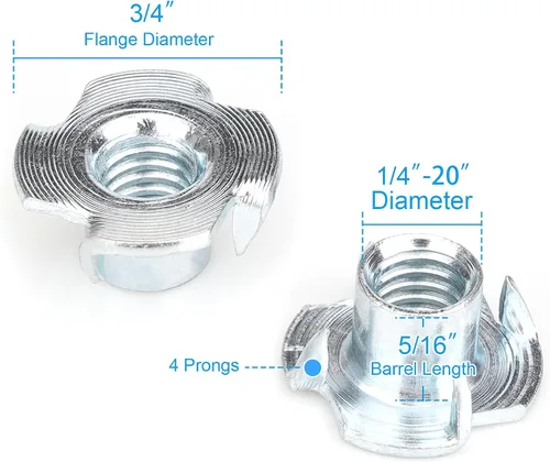 Miniatura 2 de Tuercas en T de 1/4"-20 (Paquete de 100), acero chapado en zinc resistente a la corrosión, longitud de barril de 5/16", tuerca en T de 4 puntas