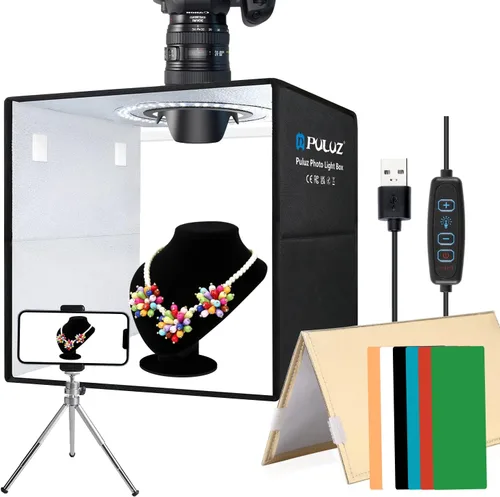 Miniatura 10 de PULUZ Caja de luz de estudio fotográfico de 10 x 10 pulgadas, caja de carpa de fotografía plegable portátil, pequeña caja de luz para tomas lightbox