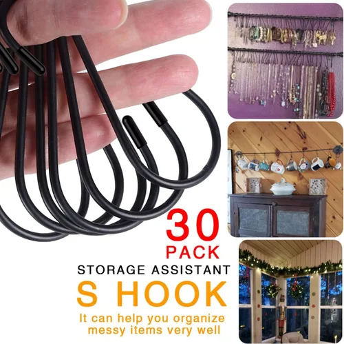 Miniatura 2 de Paquete de 30 ganchos en S, 3.54 pulgadas, negro mate, ganchos en S de metal resistente que pueden soportar hasta 33 libras, para cocina, oficina