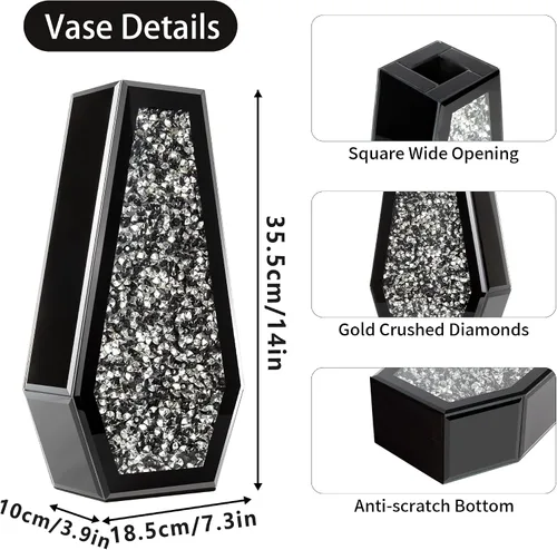 Miniatura 3 de SHYFOY Florero Negro de Flores Florero de Vidrio de Diamante Triturado Floreros Grandes de Cristal con Espejo para Centros de Mesa Floreros Altos