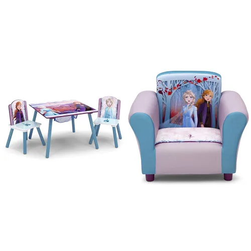 Delta Children Juego de mesa y silla para niños con almacenamiento (2 sillas incluidas), ideal para artes, manualidades y silla tapizada, madera,
