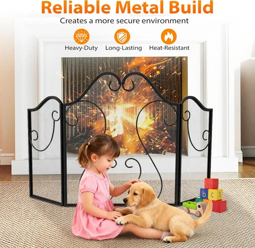 Miniatura 8 de Tangkula Pantalla de chimenea de 3 paneles, cubierta plegable de protección contra chispas con pergamino decorativo, puerta de chimenea