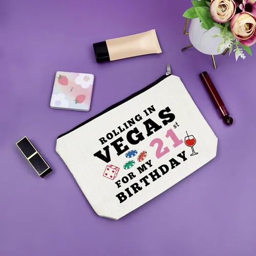 Miniatura 7 de Sazuwu Bolsa de maquillaje para regalos de cumpleaños número 21 para mujer, Rolling in Vegas para mi cumpleaños número 21